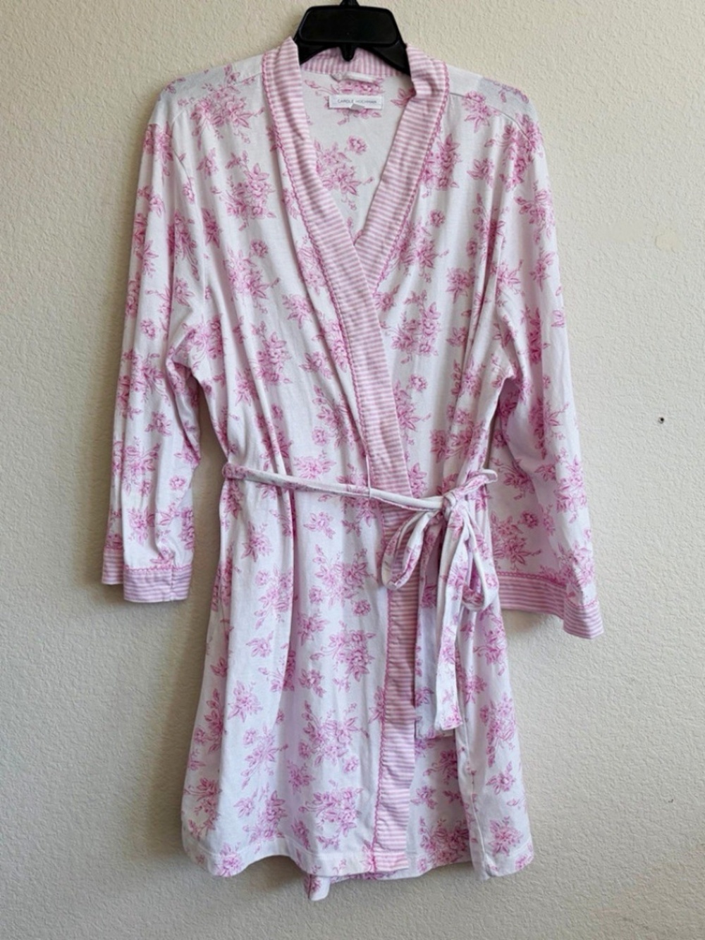 Carole Hochman Size XL Robe Pink Floral Lightweight Knit Pockets Long Sleeves